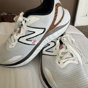 New Balance White Athletic Shoes with Leopard Heel Detail